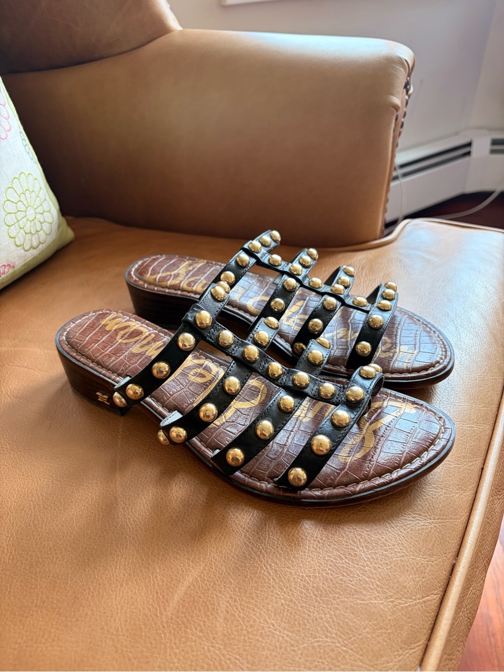 Studded Black Leather Slide Sandals with Brown Croc Insole